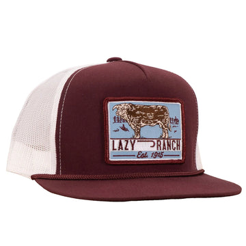 Lazy J Ranch Maroon & White Blue Bull Trap Patch Classic Five Panel Trucker Hat