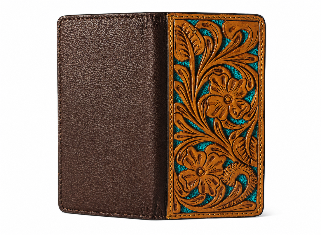 Western Floral Tooled Turquoise Rodeo Wallet – Genuine Leather Long Bifold Wallet with ID Window & Card Slots