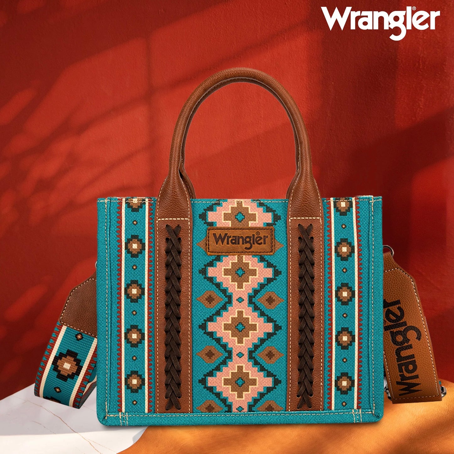 WRANGLER - SOUTHWESTERN PRINT CROSS BODY CANVAS MINI TOTE:DARK TURQUOISE:ONE SIZE: