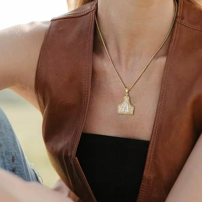 Letter Pendant CowTag Initial Necklace for Men Women Brass Denim Necklace Two-Toned Gold Silver Pendant Adjustable 20 Inch Chain