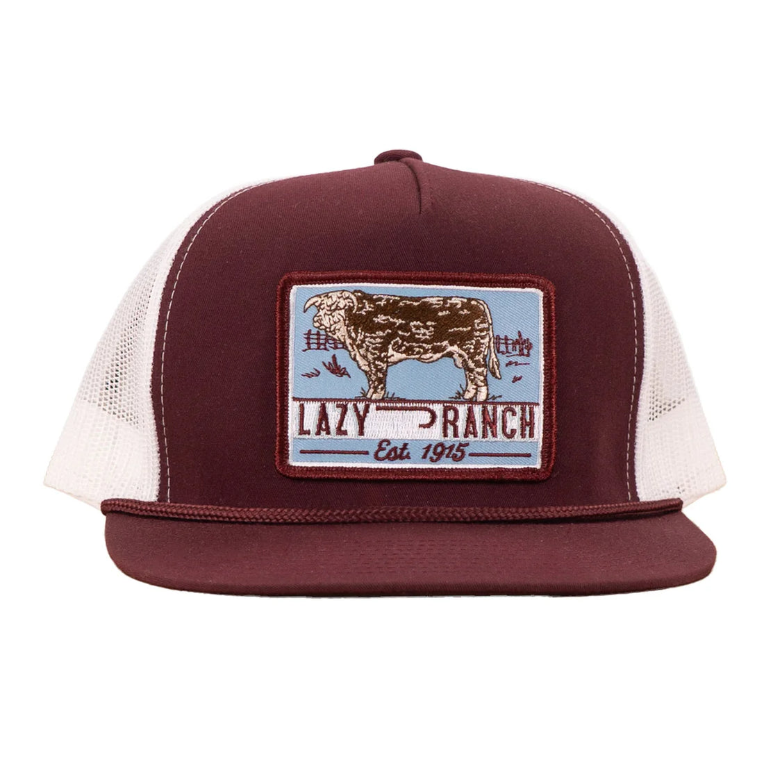 Lazy J Ranch Maroon & White Blue Bull Trap Patch Classic Five Panel Trucker Hat