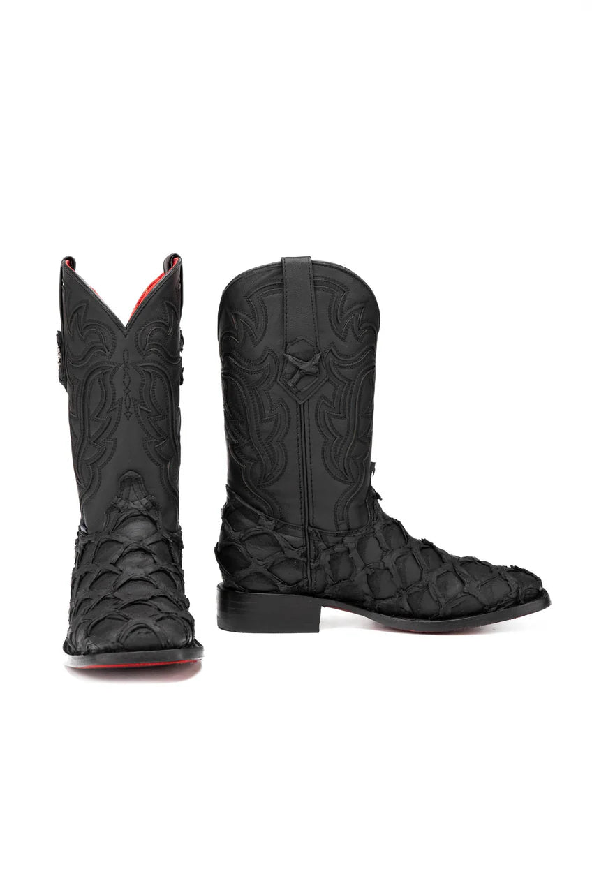 Bruce Shelby Pirarucu Red Bottom Square Toe Cowboy Boot - Matte Black