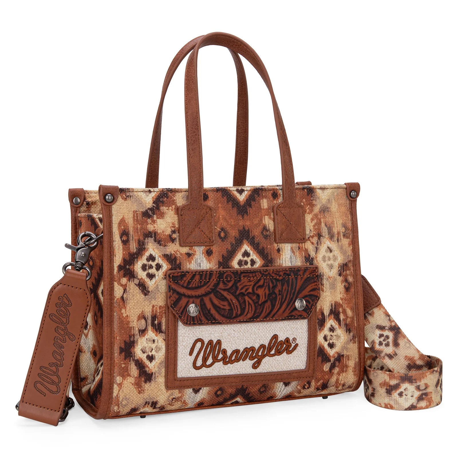 WG130-8120S Wrangler Southwestern Pattern Dual Sided Print Concealed Carry Tote//Crossbody -Brown