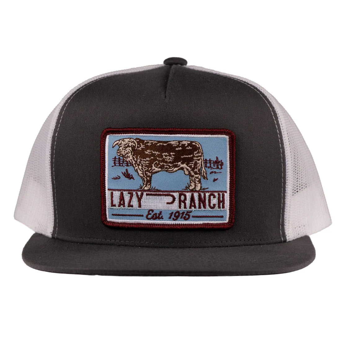 Lazy J Ranch Grey White Bull Trap Patch Classic Five Panel Trucker Hat